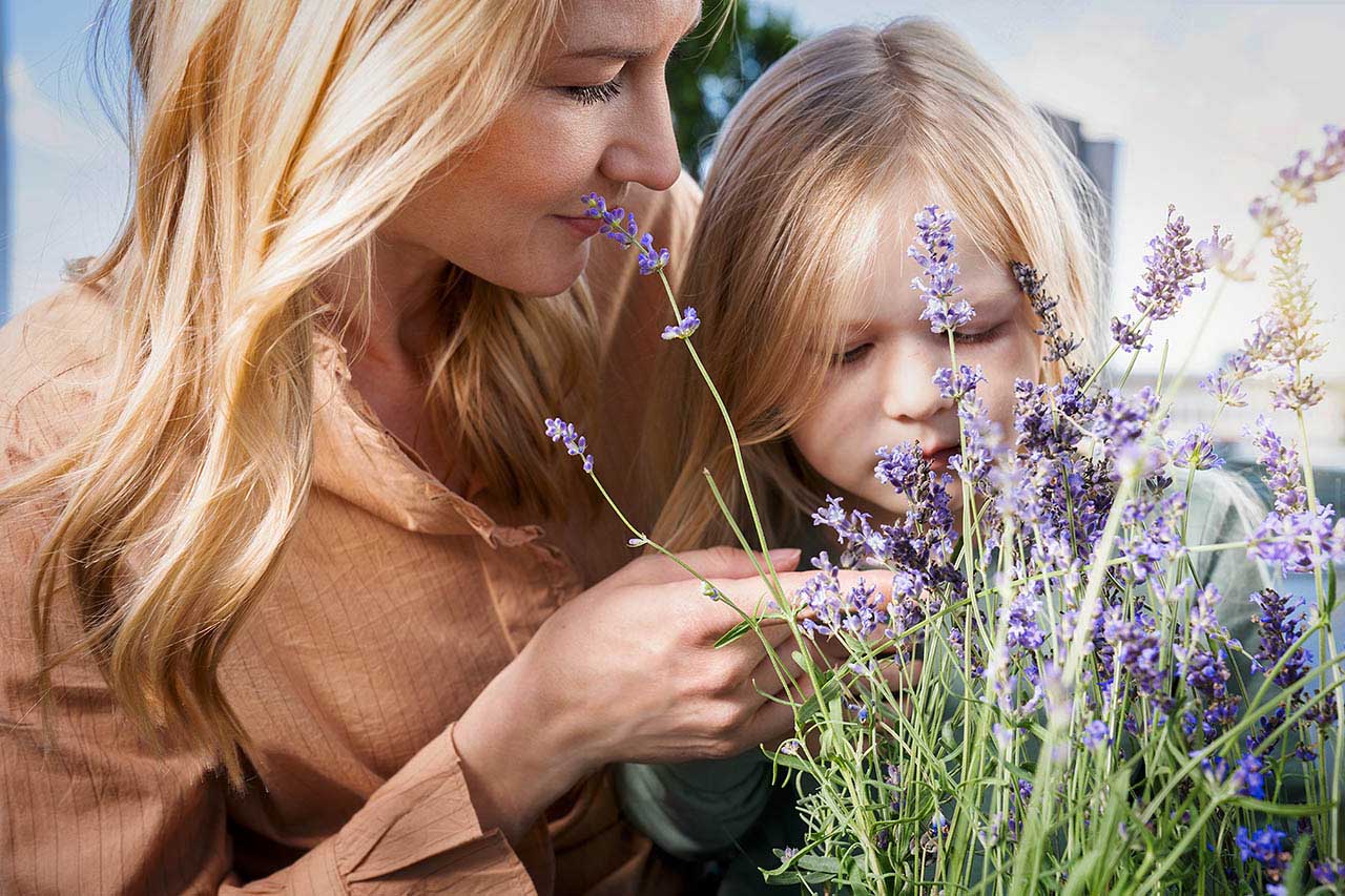 Eine Frau zeigt ihrer Tochter eine Lavendelblüte genauer.